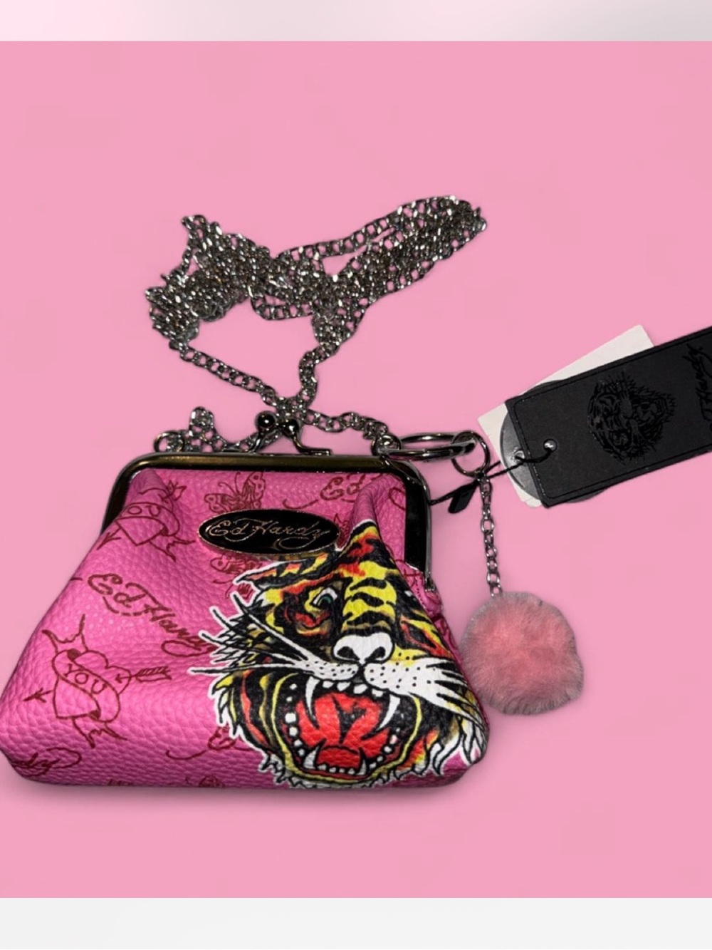 Ed Hardy Pink Tiger Frame Mini  Kisslock Crossbody with Silver Chain